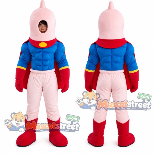 Condom Superhero Mascot Costume with Blue Shirt and Red Cape