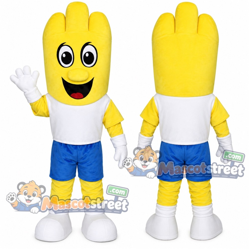 Yellow Hand Mascot Costume with White Shirt and Blue Shorts Yellow Hand Mascot Costume with White Shirt and Blue Shorts