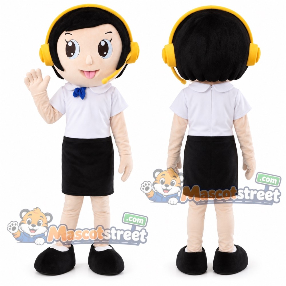 Girl Mascot Costume with White Shirt, Black Skirt and Yellow Headphones