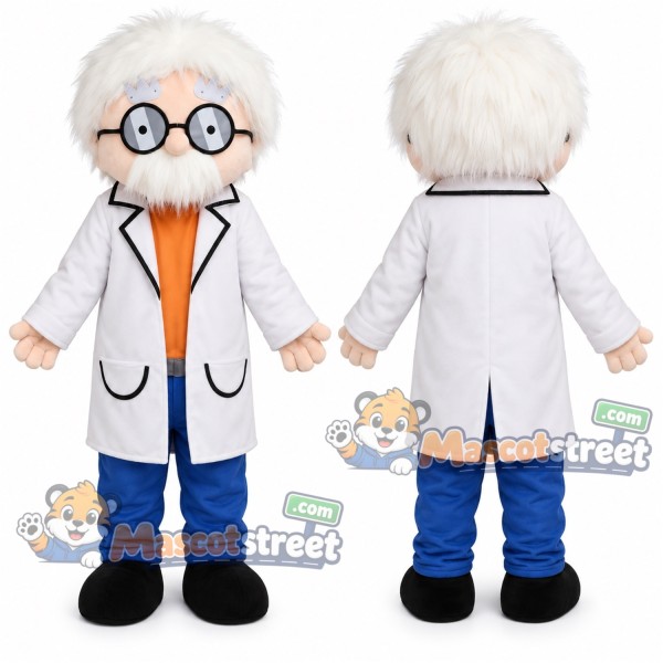 Scientist Mascot Costume with White Lab Coat, Blue Trousers and Round Glasses