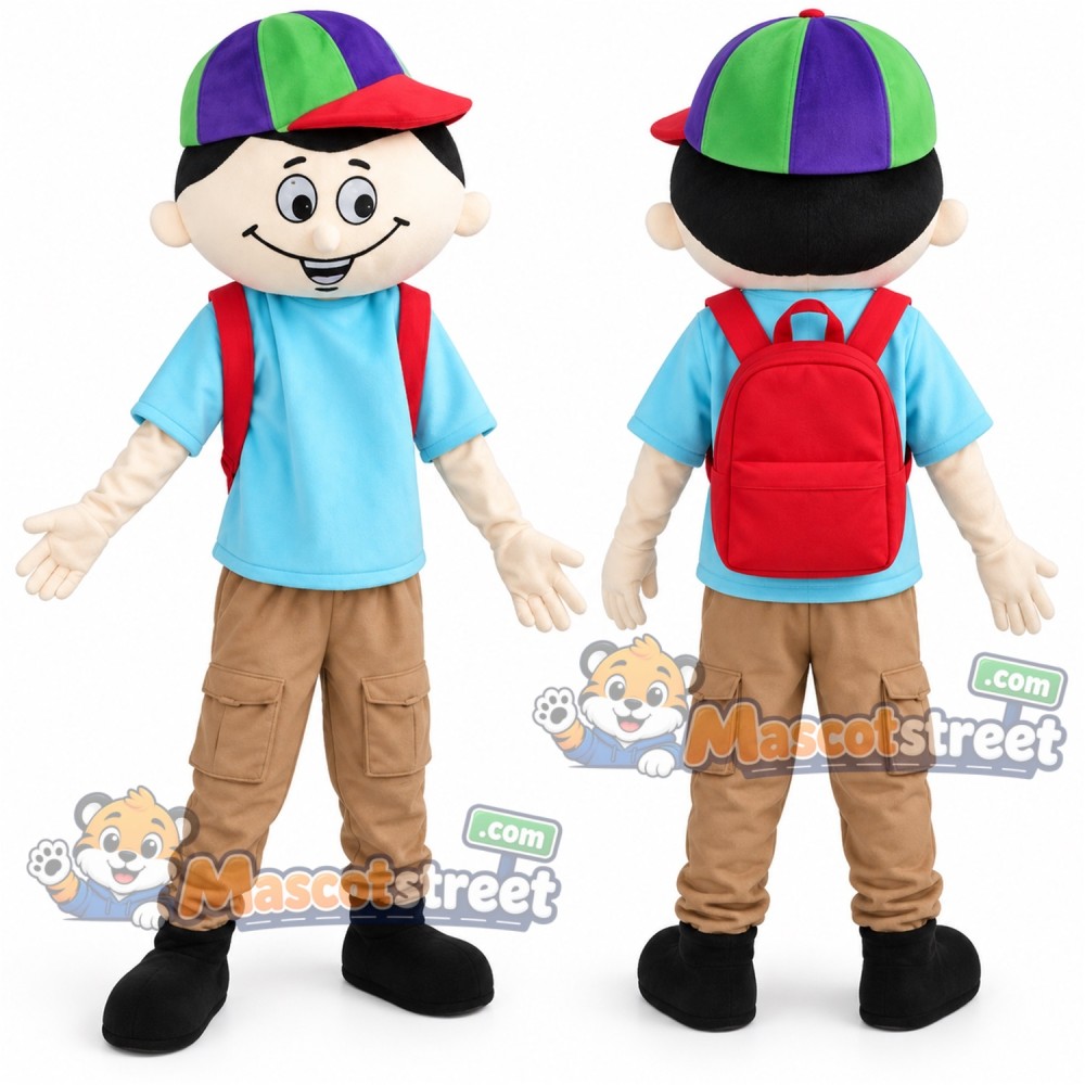 Schoolboy Mascot Costume with Blue Shirt, Tan Trousers, Multicolor Cap and Red Backpack Schoolboy Mascot Costume with Blue Shirt, Tan Trousers, Multicolor Cap and Red Backpack