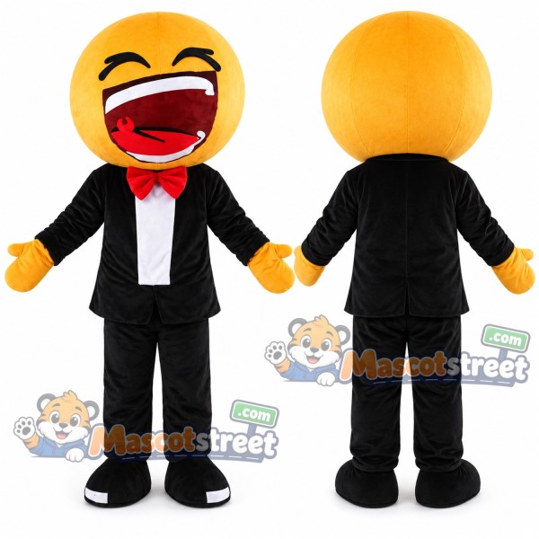 Laughing Face Mascot Costume with Black Suit and Red Bow Tie