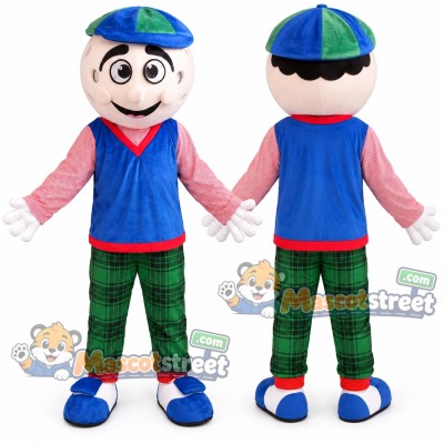 Golfer Mascot Costume with Blue Vest, Pink Shirt, Green Plaid Trousers and Cap
