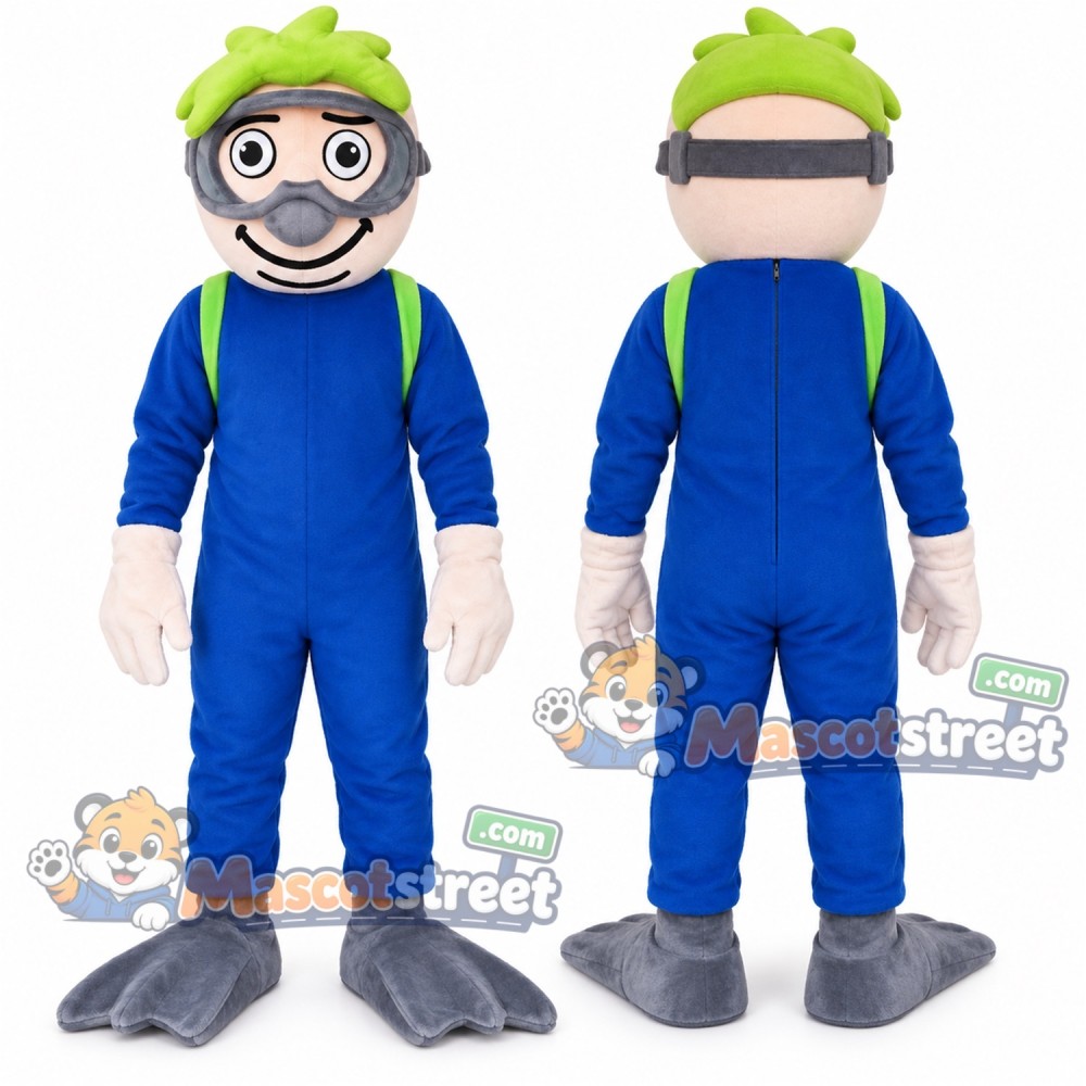 Diver Mascot Costume with Blue Wetsuit and Green Mask Diver Mascot Costume with Blue Wetsuit and Green Mask