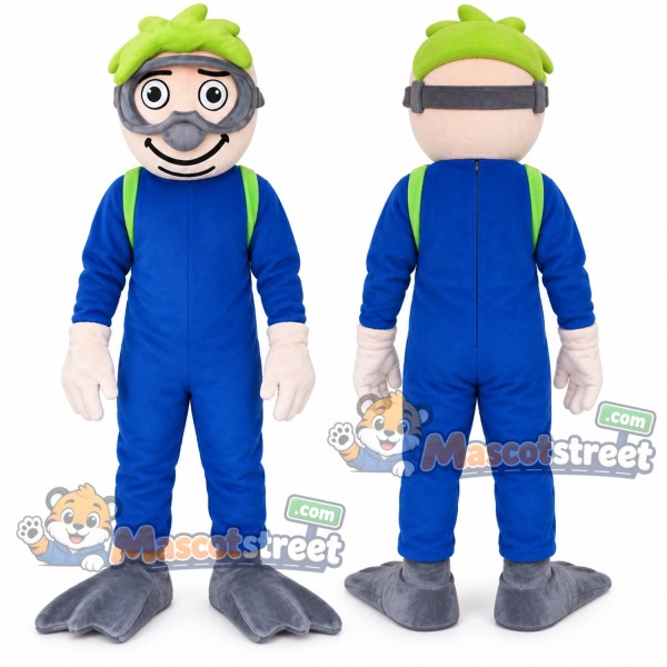 Diver Mascot Costume with Blue Wetsuit and Green Mask