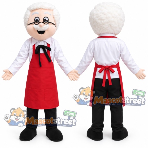 Chef Mascot Costume with White Shirt, Red Apron and Glasses