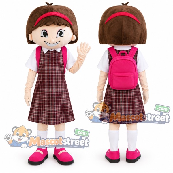 Schoolgirl Mascot Costume with Plaid Dress and Pink Backpack