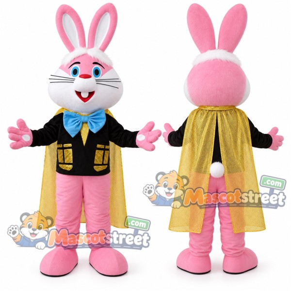 Pink Rabbit Mascot Costume with Black Jacket, Yellow Cape and Pink Trousers