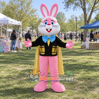 Pink Rabbit Mascot Costume with Black Jacket, Yellow Cape and Pink Trousers