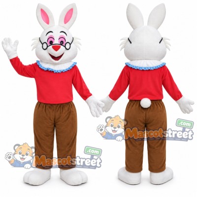 White Rabbit Mascot Costume with Red Sweater and Brown Trousers