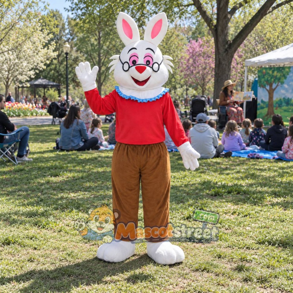 White Rabbit Mascot Costume with Red Sweater and Brown Trousers White Rabbit Mascot Costume with Red Sweater and Brown Trousers