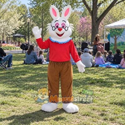 White Rabbit Mascot Costume with Red Sweater and Brown Trousers White Rabbit Mascot Costume with Red Sweater and Brown Trousers