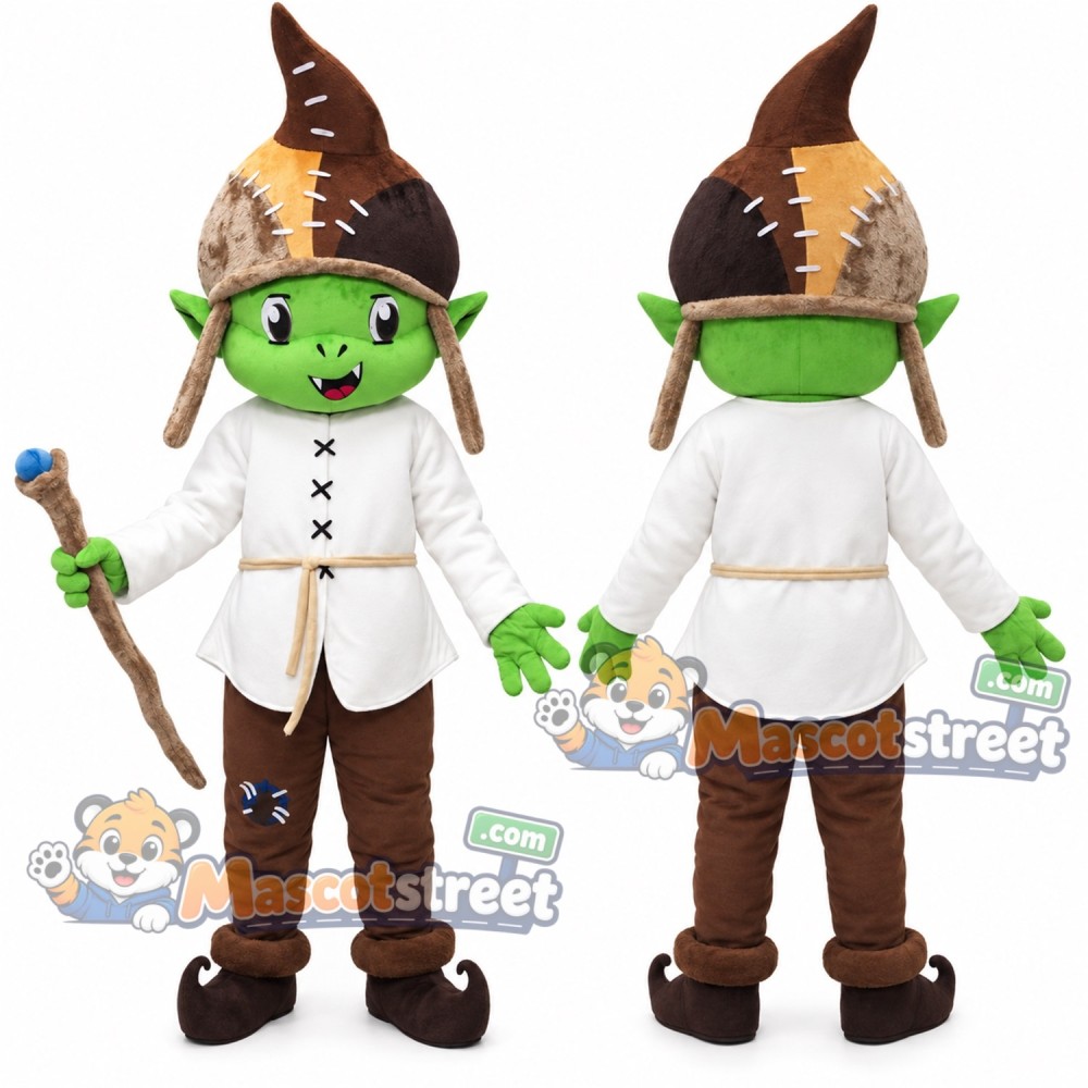 Green Witch Mascot Costume with White Coat and Brown Hat