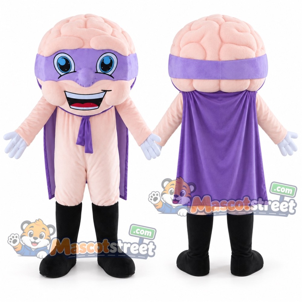 Brain Superhero Mascot Costume with Purple Mask and Cape Brain Superhero Mascot Costume with Purple Mask and Cape