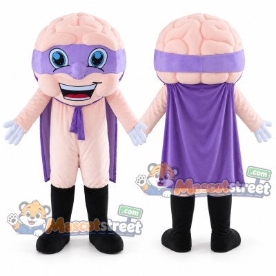 Brain Superhero Mascot Costume with Purple Mask and Cape Brain Superhero Mascot Costume with Purple Mask and Cape