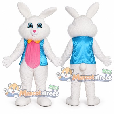 White Rabbit Mascot Costume with Blue Vest and Pink Shirt White Rabbit Mascot Costume with Blue Vest and Pink Shirt