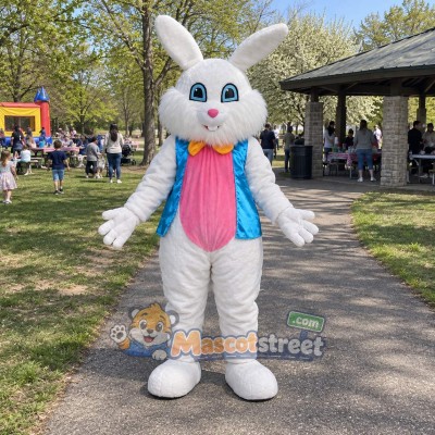 White Rabbit Mascot Costume with Blue Vest and Pink Shirt White Rabbit Mascot Costume with Blue Vest and Pink Shirt