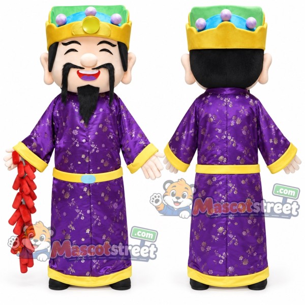God of Fortune Mascot Costume with Purple Robe and Crown