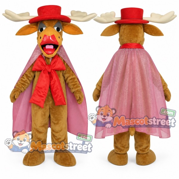Brown Moose Mascot Costume with Pink Cape, Red Scarf and Red Hat