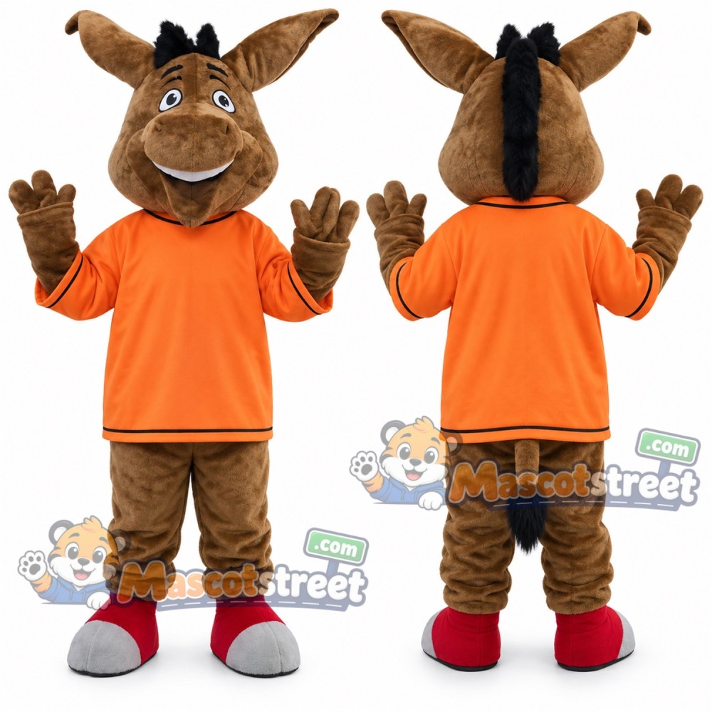 Brown Donkey Mascot Costume with Orange Shirt