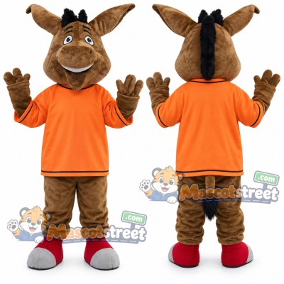 Brown Donkey Mascot Costume with Orange Shirt