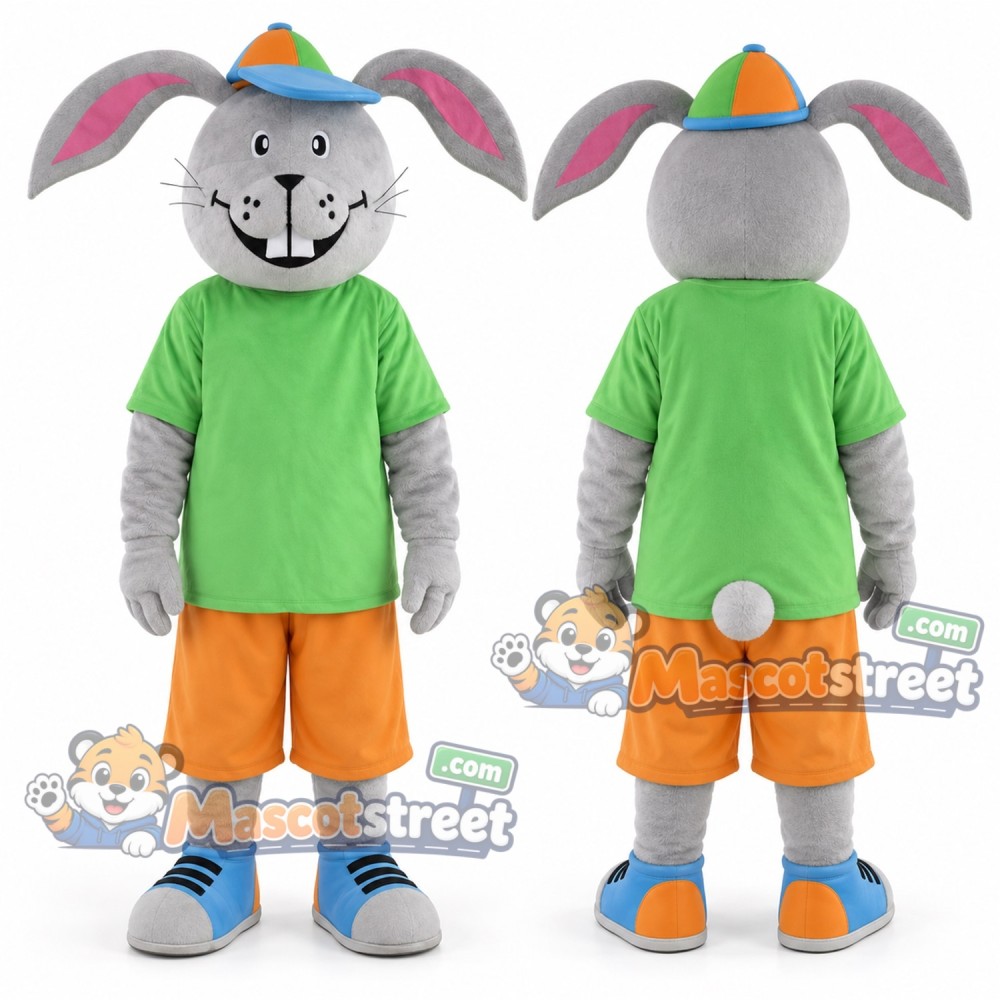 Gray Rabbit Mascot Costume with Green Shirt, Orange Shorts and Cap