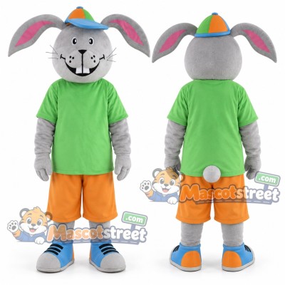 Gray Rabbit Mascot Costume with Green Shirt, Orange Shorts and Cap