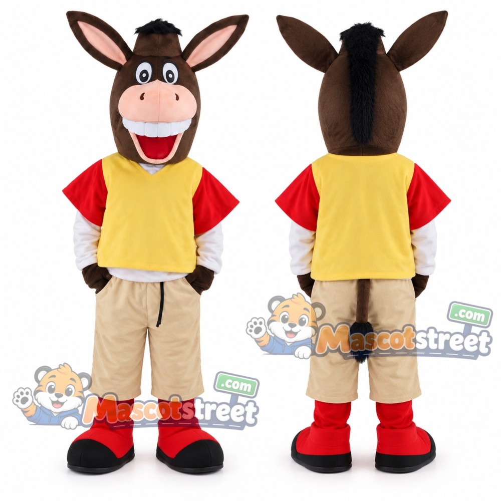 Brown Donkey Mascot Costume with Yellow Vest, Red Shirt and Tan Trousers Brown Donkey Mascot Costume with Yellow Vest, Red Shirt and Tan Trousers