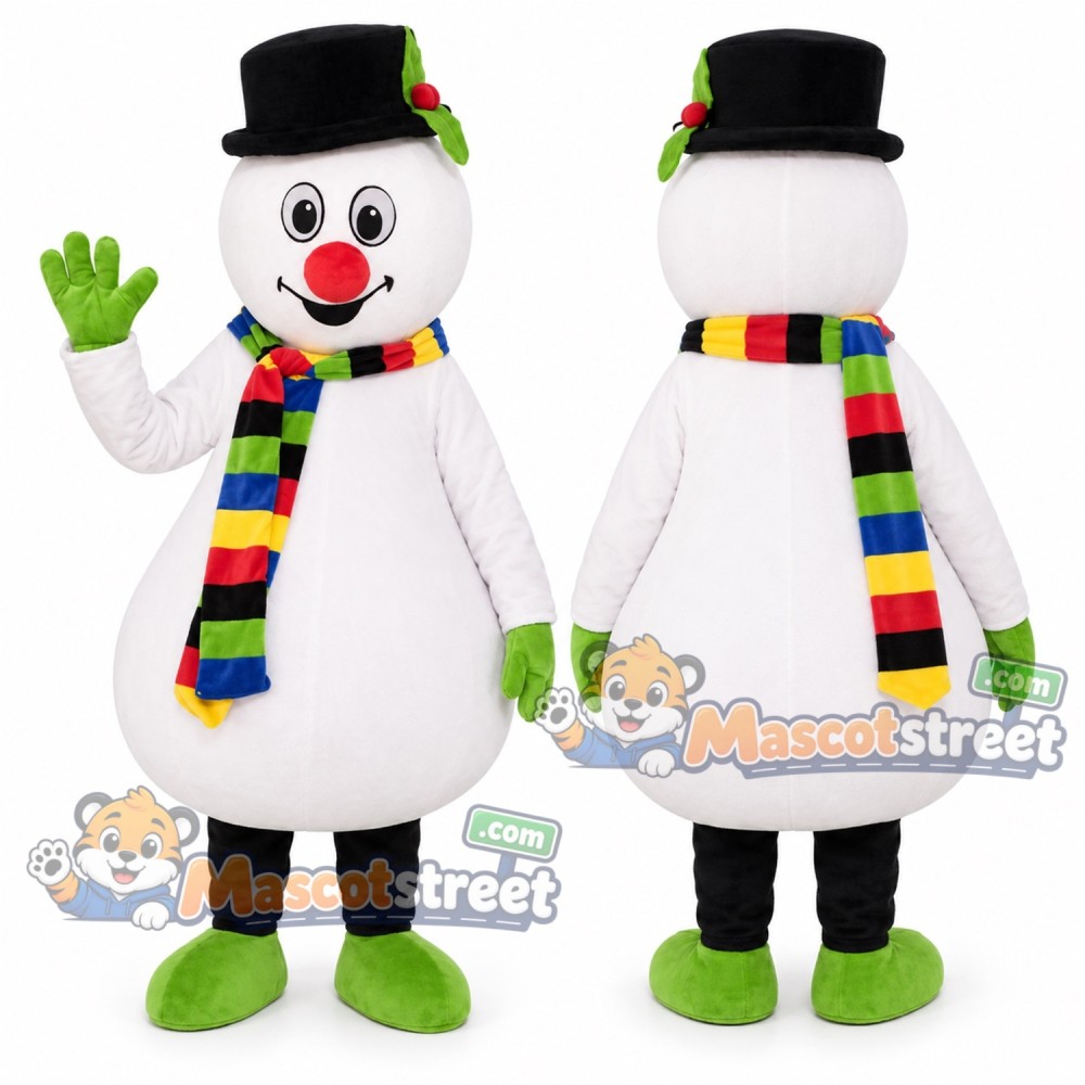 Snowman Mascot Costume with Black Hat and Multicolor Scarf Snowman Mascot Costume with Black Hat and Multicolor Scarf