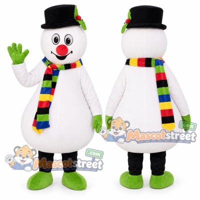Snowman Mascot Costume with Black Hat and Multicolor Scarf Snowman Mascot Costume with Black Hat and Multicolor Scarf