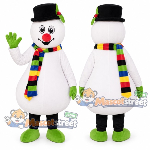 Snowman Mascot Costume with Black Hat and Multicolor Scarf