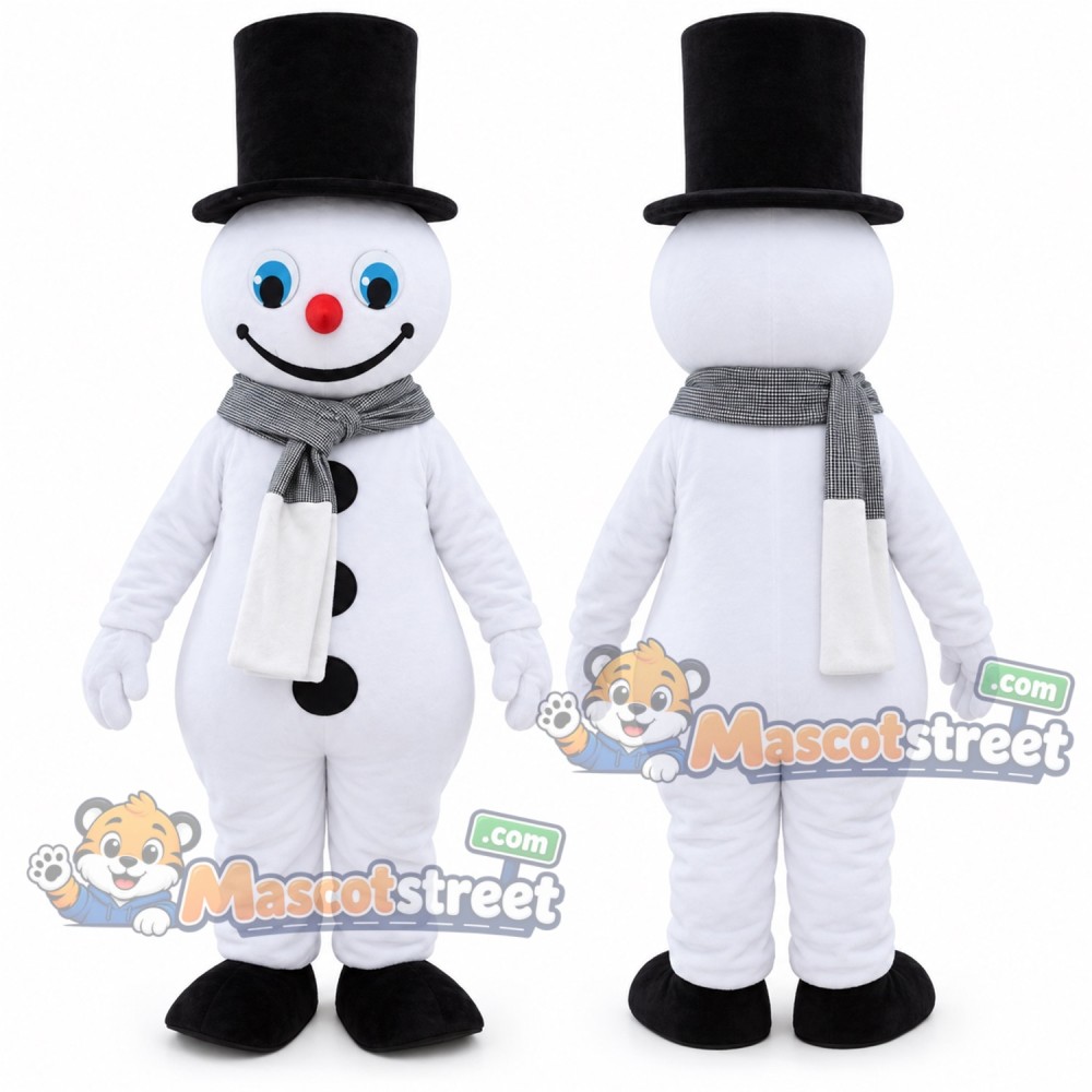 Snowman Mascot Costume with Black Hat and Gray Scarf Snowman Mascot Costume with Black Hat and Gray Scarf