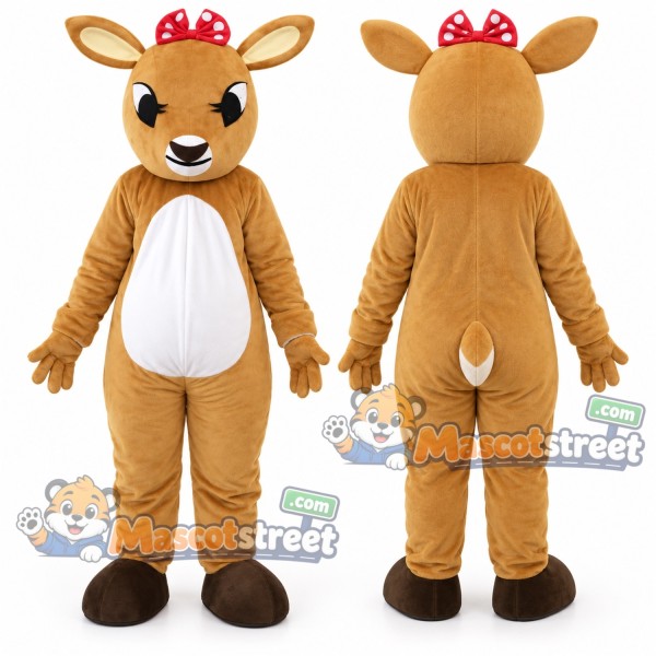 Tan Reindeer Mascot Costume with Red Bow