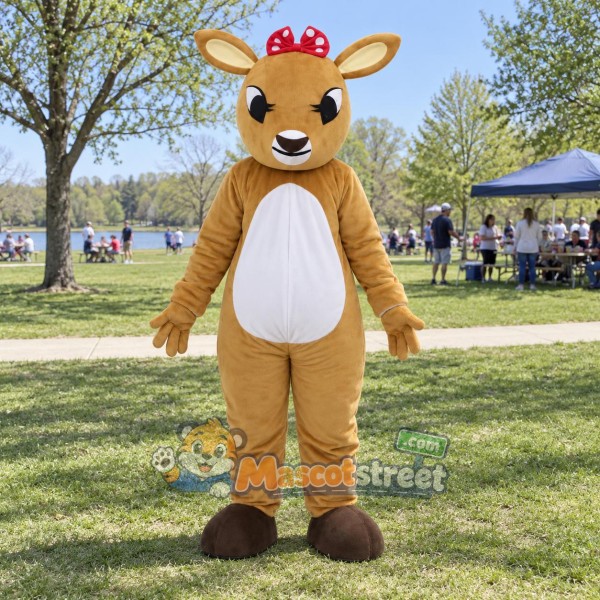 Tan Reindeer Mascot Costume with Red Bow