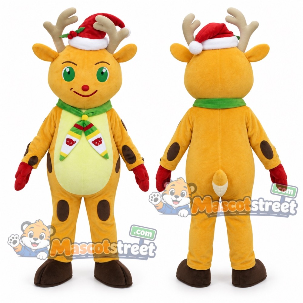 Tan Reindeer Mascot Costume with Santa Hat and Green Scarf Tan Reindeer Mascot Costume with Santa Hat and Green Scarf
