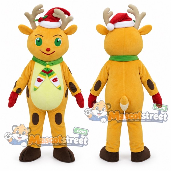 Tan Reindeer Mascot Costume with Santa Hat and Green Scarf