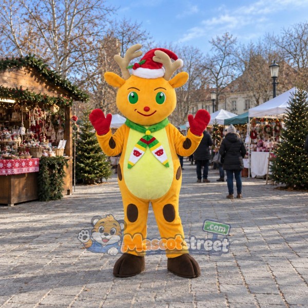 Tan Reindeer Mascot Costume with Santa Hat and Green Scarf