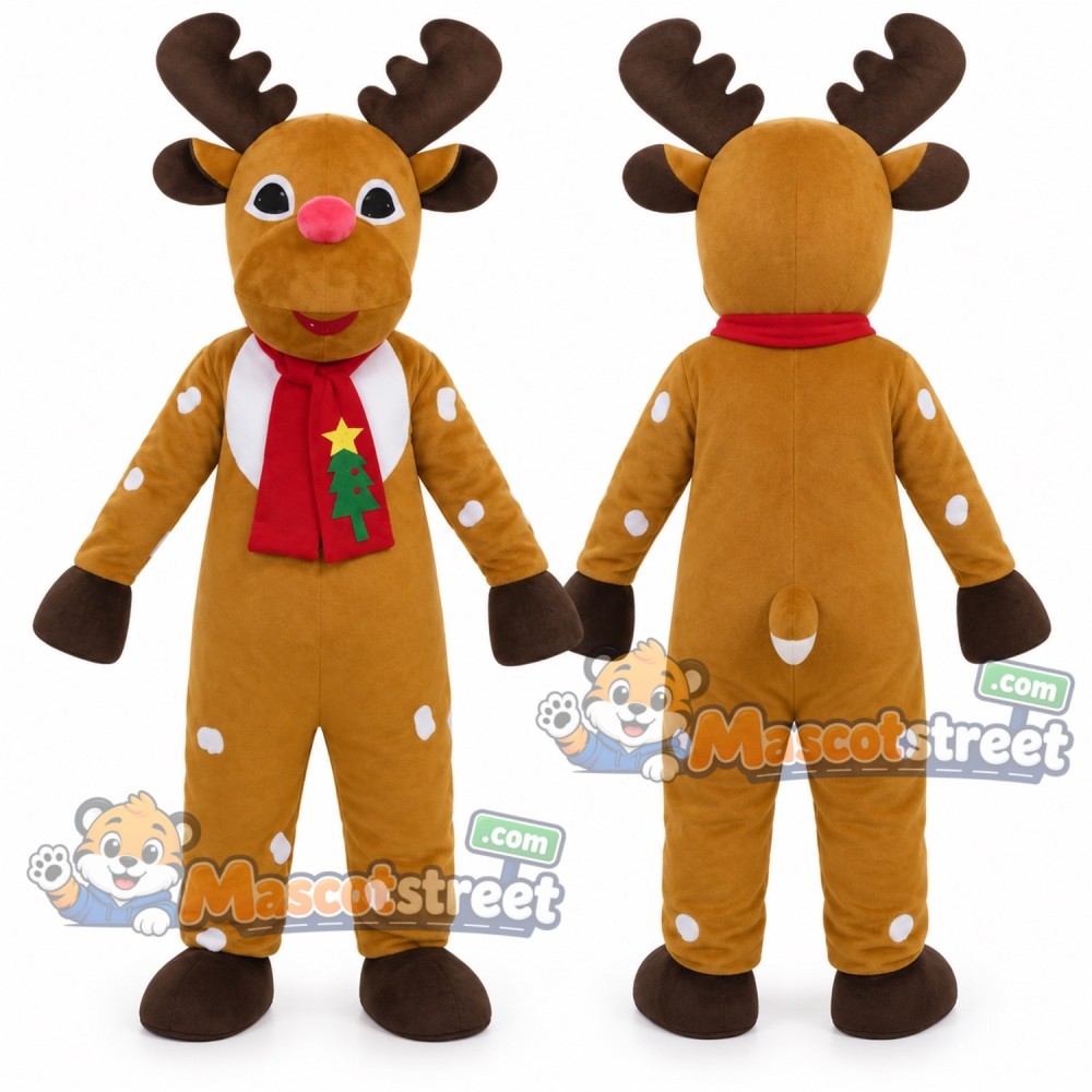 Brown Reindeer Mascot Costume with Santa Hat and Red Scarf