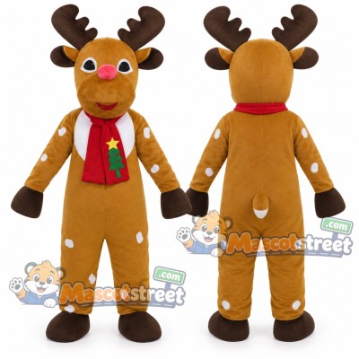 Brown Reindeer Mascot Costume with Santa Hat and Red Scarf
