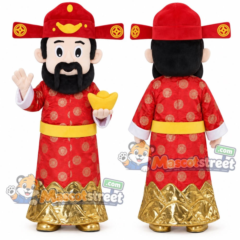 God of Fortune Mascot Costume with Red and Gold Robe and Red Hat God of Fortune Mascot Costume with Red and Gold Robe and Red Hat