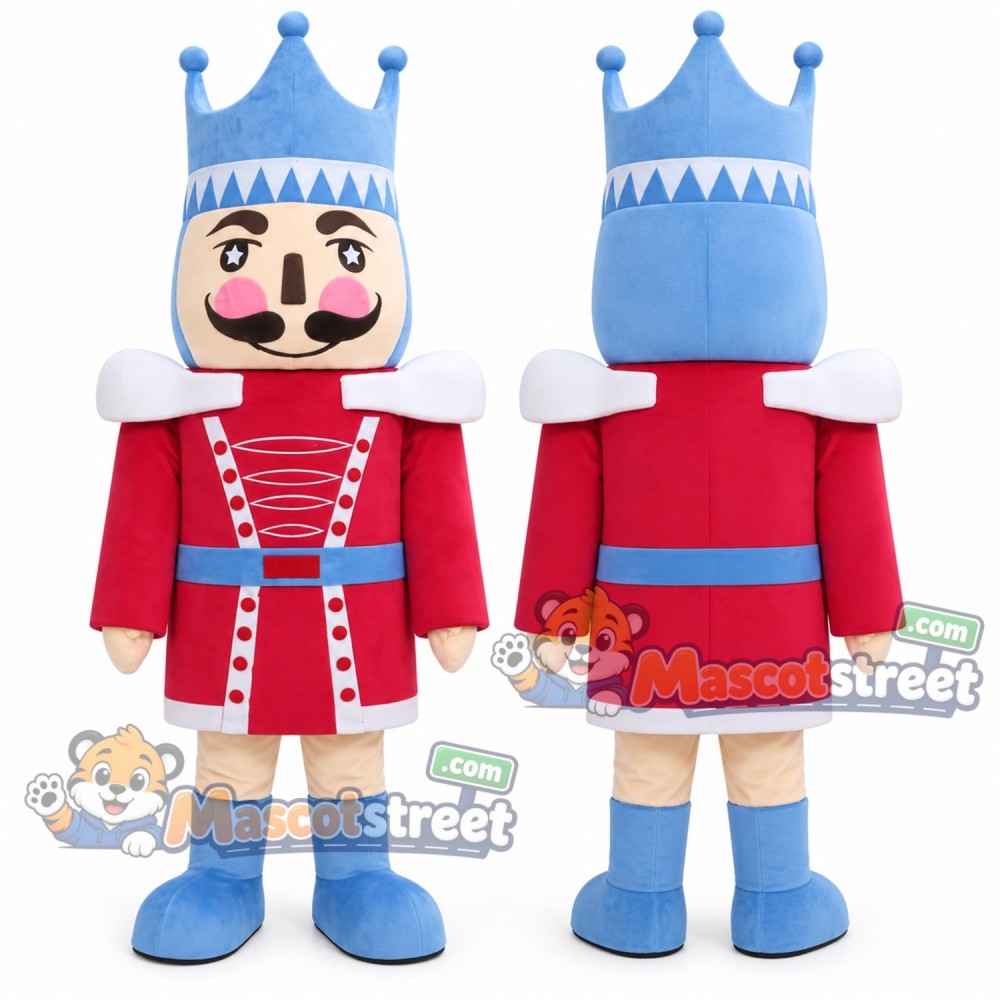 Nutcracker Mascot Costume with Red Coat and Blue Crown
