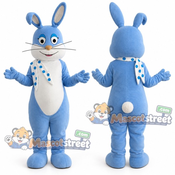 Blue Rabbit Mascot Costume with Blue Spotted Scarf
