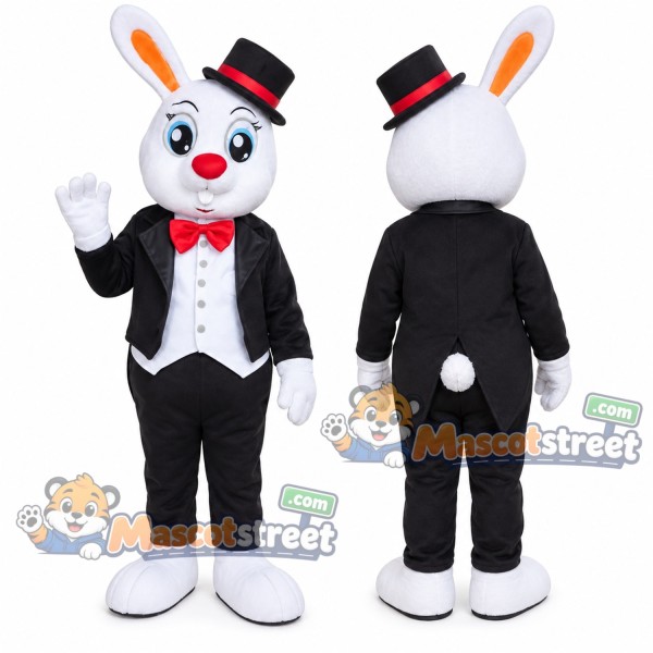 White Rabbit Mascot Costume with Black Tuxedo and Top Hat