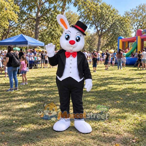 White Rabbit Mascot Costume with Black Tuxedo and Top Hat