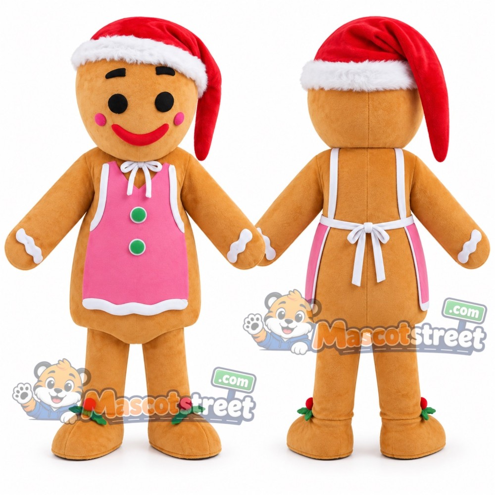 Gingerbread Person Mascot Costume with Pink Apron and Santa Hat