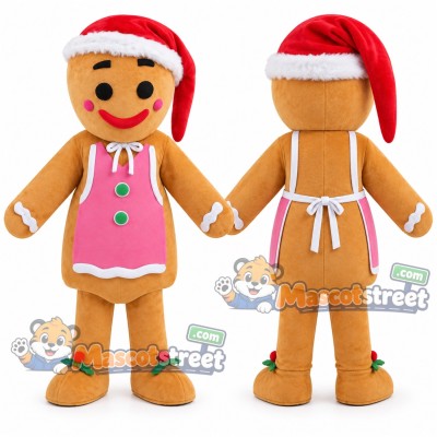 Gingerbread Person Mascot Costume with Pink Apron and Santa Hat
