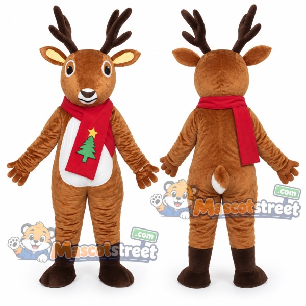 Brown Reindeer Mascot Costume with Red Scarf