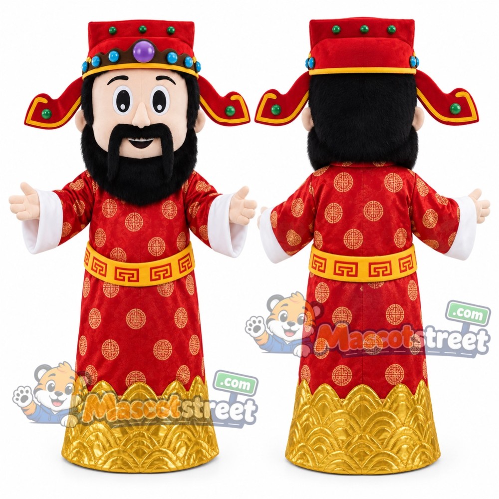 God of Fortune Mascot Costume with Red and Gold Robe and Red Hat