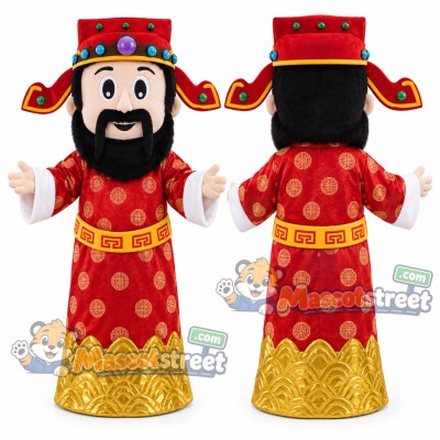 God of Fortune Mascot Costume with Red and Gold Robe and Red Hat