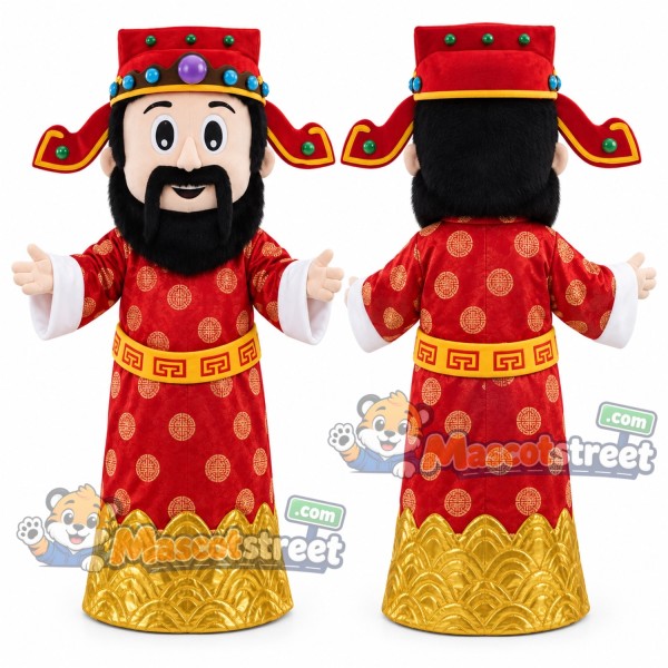 God of Fortune Mascot Costume with Red and Gold Robe and Red Hat
